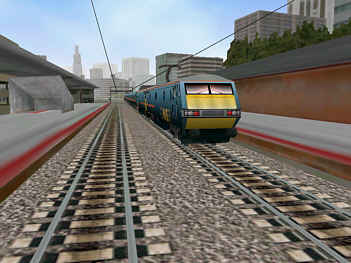 GNER 91006/07 hurdling at speed through a modern city.