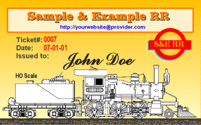 Example E-Pass Image: a 400x250 GIF graphic that features a line drawing of a 2-6-0 locomotive. Background is a graduated yellow. The railroad name is Sample & Example RR. The pass shows the Railway's logo which is a red circle with a horizontal red bar. The interior of the logo features a  yellow sunburst. The words S&E RR in gold runs across the horizontal bar. The layout is HO Scale. This E-Pass is made for John Doe and is ticket no.7 dated 07-01-2001